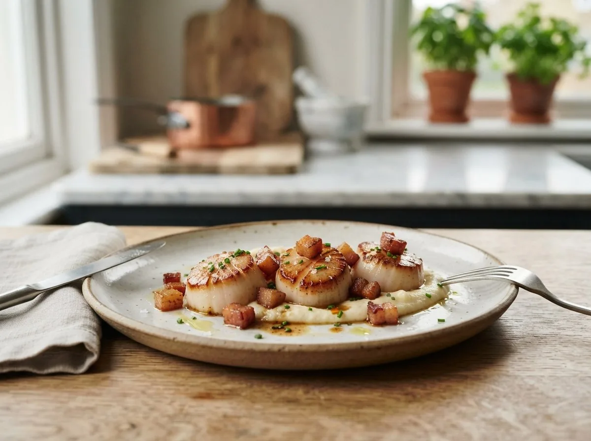 Capesante rosolate con chips di guanciale